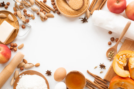 Autumn baking background border frame design with copy space for text. Cooking ingredients pumpkin, apples, wheat, honey butter flour nuts, toning, bright orange colorsの写真素材