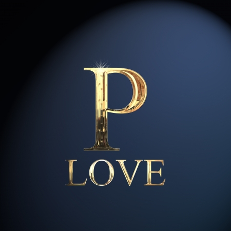 Gold alphabet letter P word love on a blue background の写真素材