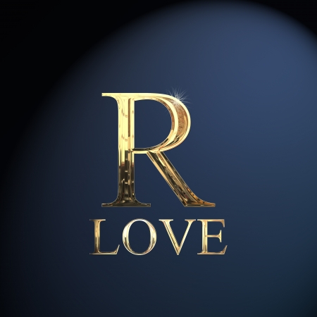 Gold alphabet letter R word love on a blue background Gold alphabet letter R word love on a blue background