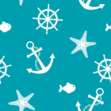 Sea seamless background with anchor, wheel, fish, starfishのイラスト素材