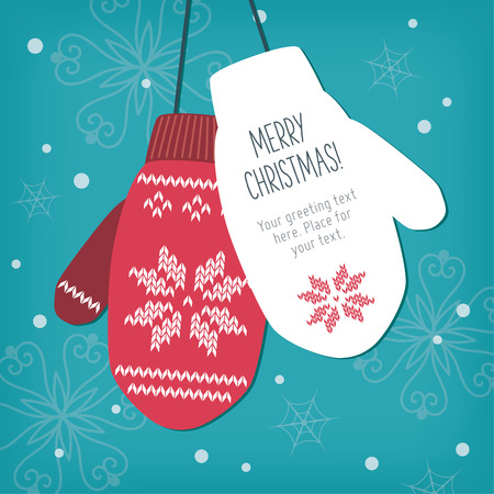 Christmas card, knitted mittens backgroundのイラスト素材
