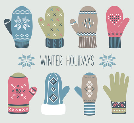 Vintage Christmas mittens, winter setのイラスト素材