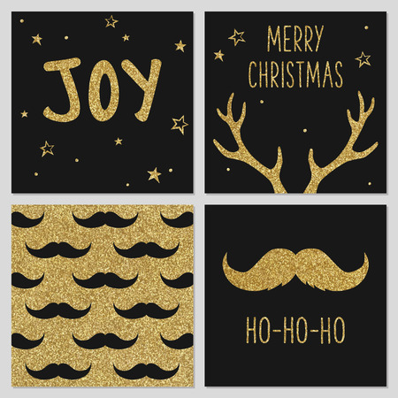 Hipster Christmas gold pattern, greeting card templates, mustache, deer antlersのイラスト素材
