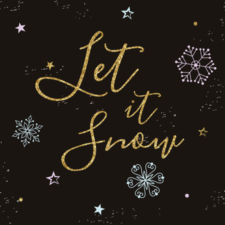 Christmas greeting card with gold text. Let it snow. Modern calligraphy. Gold glitter texture.のイラスト素材