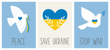 Stop war in Ukraine vector poster. White pigeon with olive brunch, peace symbol. Heart with Ukrainian flag.のイラスト素材