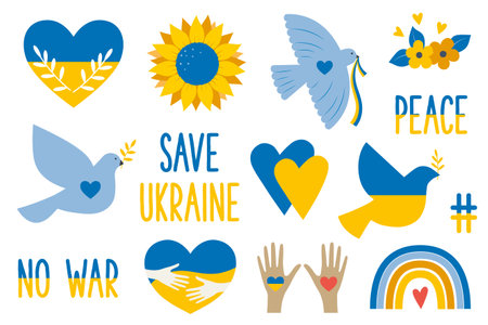 Save Ukraine design element set. Peace concept with pigeon, heart, sunflower, hands. No war. Stickers for media.のイラスト素材