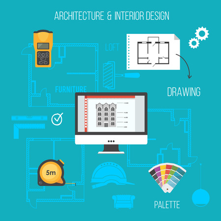 Architecture and interior design concept with construction icons.のイラスト素材