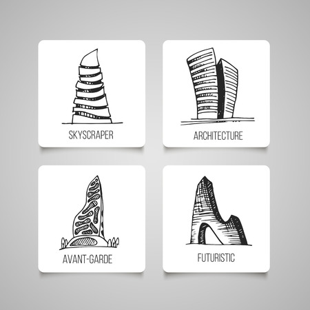 Urban architecture vector set. City skyscrapers hand drawn abstract collection.のイラスト素材