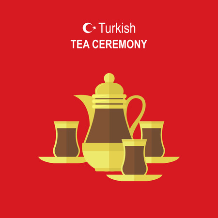 Turkish traditional Tea set on red background. Flat modern illustration concept for food design.のイラスト素材