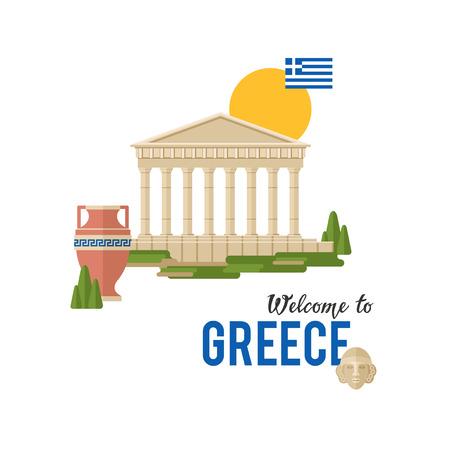 Welcome to Greece vector banner illustration with traditional Greek architecture and flagのイラスト素材