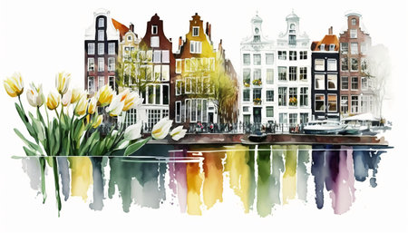 Watercolor illustration of Amsterdam, Netherlands with tulips.の素材