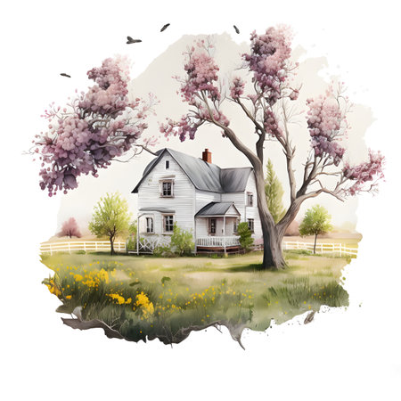 Watercolor illustration of a rural farm house with cherry blossom trees.の素材