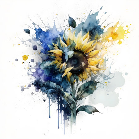 Watercolor sunflower with blue and yellow splashes, illustration on white backgroundの素材
