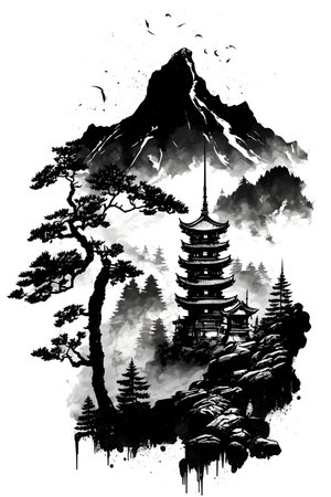 japanese pagoda and mountain in ink painting style, illustrationの素材