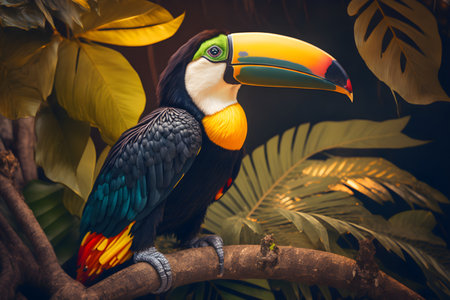 Toucan sitting on a branch in a tropical forest. Toned.の素材