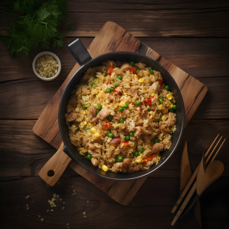 Fried rice with chicken prepared and served in a wok, ai generativeの素材