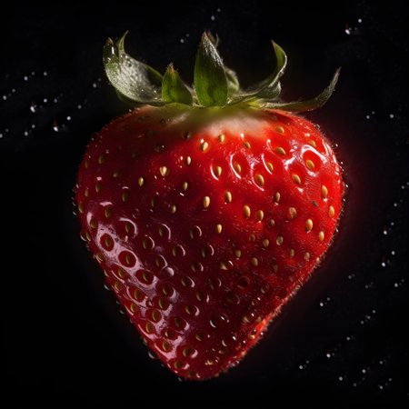 Strawberry with splashes of water on dark background, ai generativeの素材