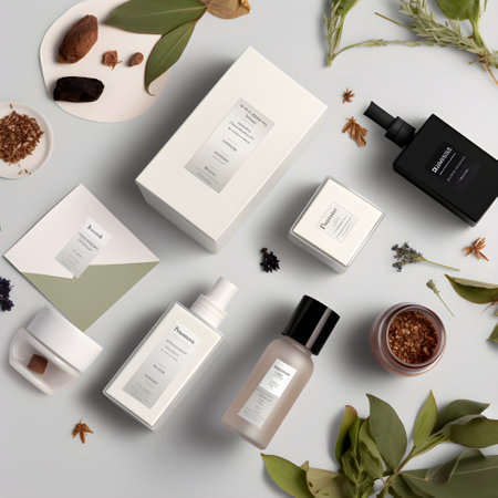 Modern minimalistic brand product packaging mockups for a natural cosmetics business, ai generativeの素材