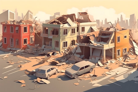 Earthquake city panorama artistic colorful illustration, ai generativeの素材