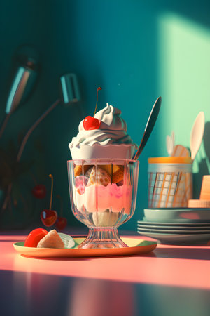 Ice-cream in a glass bowl, food illustration, ai generativeの素材
