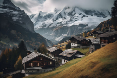Switzerland nature and travel. Alpine scenery. Scenic traditional mountain village with snow peaks of Alps, ai generativeの素材