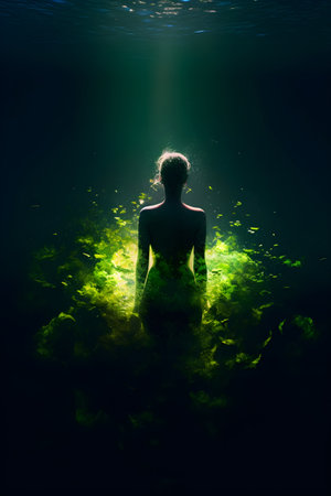 Woman watching the sea, underwater fantasy illustration, ai generativeの素材