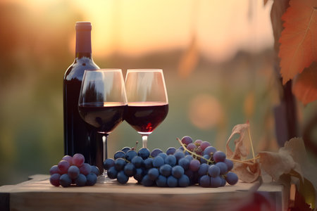 Wine bottle with wineglasses and grapes on summer sunset background, ai generativeの素材