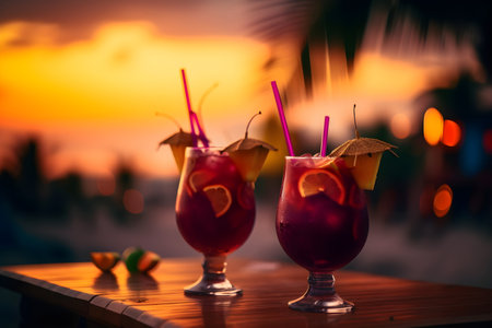 Sangria coctails on summer beach counter bar, sunset background, ai generativeの素材