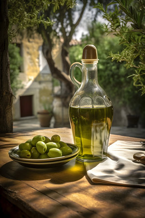 Olive oil in jar with lolives on wooden desk in mediterranean patio backyard, ai generativeの素材