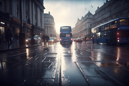 Defocused abstract sityscape with rainy street and blue buses, ai generative illustrationの素材