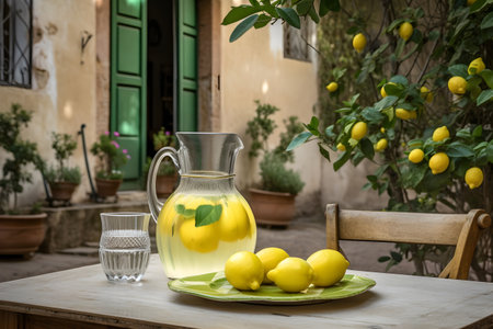 Lemonade decanter with lemons fruits on wooden desk in mediterranean patiobackyard, ai generativeの素材