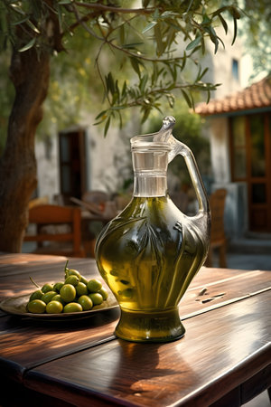 Olive oil in jar with lolives on wooden desk in mediterranean patio backyard, ai generativeの素材
