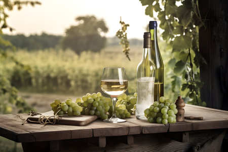 Mediterranean white wine in a bottle, wineglasses and green grapes, winery garden harvest concept, ai generativeの素材