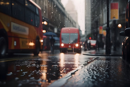 Defocused England abstract sityscape with rainy street and red buses, ai generative illustrationの素材