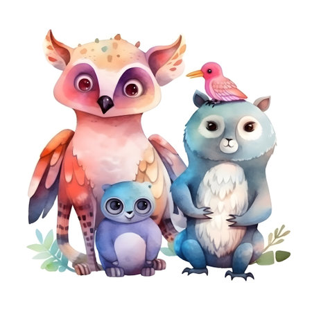 Cute animals, watercolor illustration, ai generativeの素材