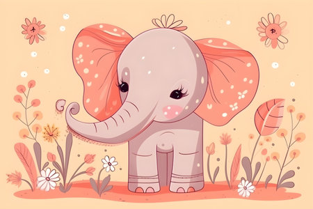 Cute Cartoon Elephant with flowers on orange background, ai generativeの素材