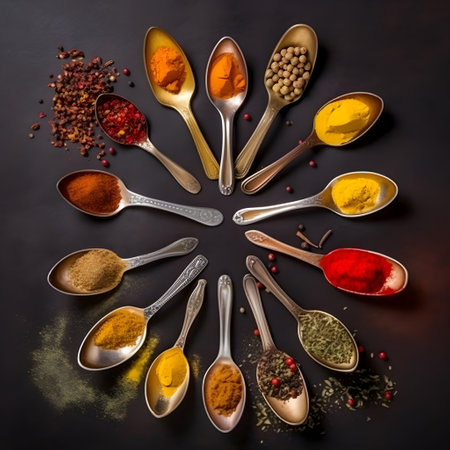 Set of spices in brass spoons, ai generativeの素材