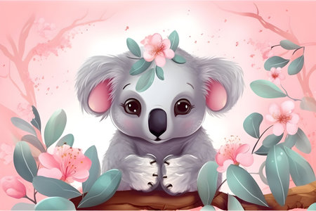 Cute Cartoon Koala with flowers, ai generativeの素材
