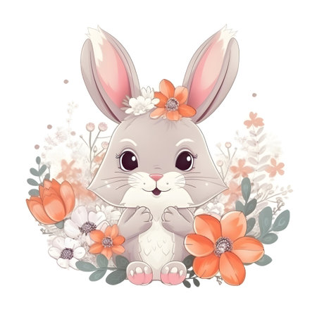 Cute Cartoon Rabbit with flowers on a white background, ai generativeの素材