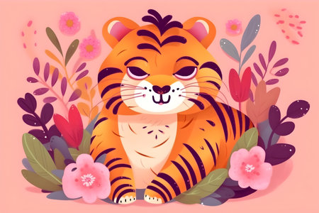 Cute Cartoon Tiger with flowers on a pink background, ai generativeの素材