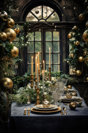 Elegant christmas table setting with candles and golden baublesの素材