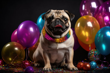 Funny pug dog with colorful balloons and confetti on black backgroundの素材
