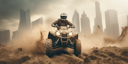 Racing on a quad bike in the desert. 3d renderingの素材