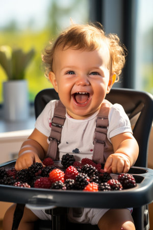 Funny baby girl eating fresh berries. Healthy food for children.の素材