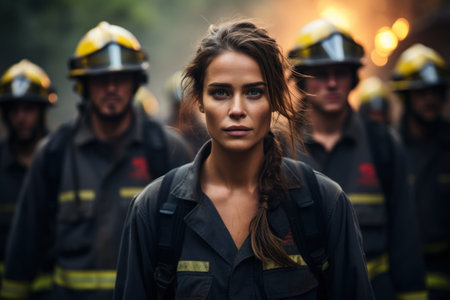 Portrait of a firewoman in front of a group of firefightersの素材