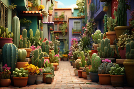 Cactuses and flowers in pots on the street in the cityの素材