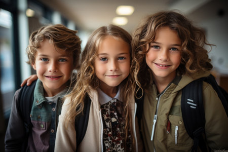 Portrait of smiling schoolkids standing in corridor at school during breakの素材