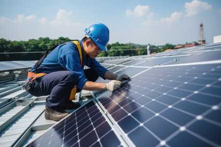 Asian man worker installing solar photovoltaic panels on the roofの素材