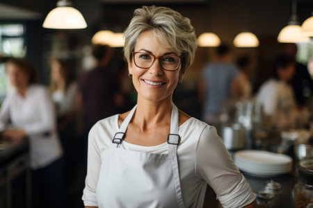 Portrait of mature woman in apron smiling at camera in cafeの素材