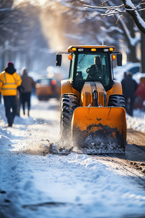 Tractor cleans snow from the road in the city in winter.の素材